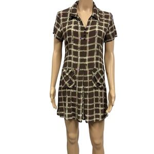 Esprit Vintage Brown Check Floral Short Sleeve Rayon Zip Side Shirt Mini Dress S